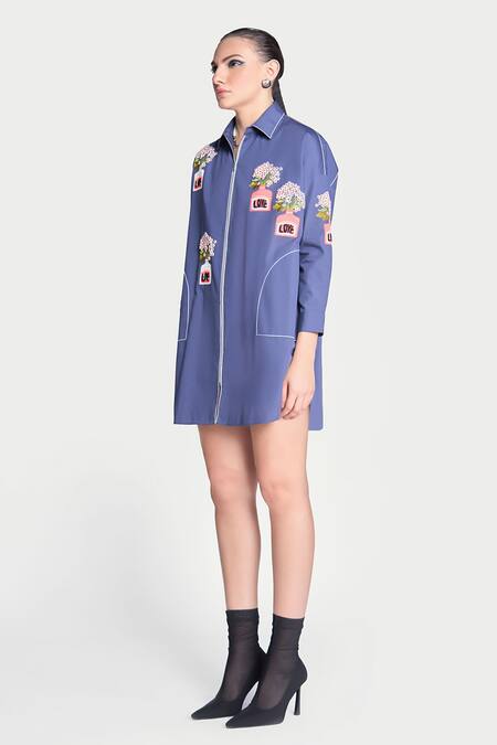 Shahin Mannan_Blue Poplin Embroidery Collared Inkpot Patchwork Shirt _Online_at_Aza_Fashions