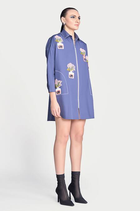Buy_Shahin Mannan_Blue Poplin Embroidery Collared Inkpot Patchwork Shirt _Online_at_Aza_Fashions