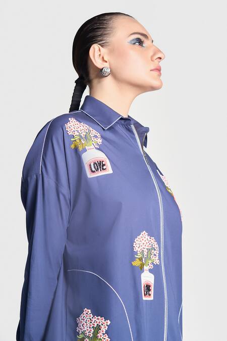 Shop_Shahin Mannan_Blue Poplin Embroidery Collared Inkpot Patchwork Shirt _Online_at_Aza_Fashions