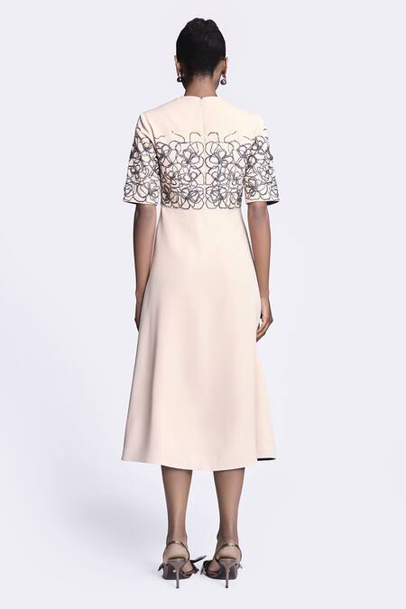 Shop Shahin Mannan Beige Crepe Embroidery Round Neck Abstract Rose Dress at Aza Fashions Shop_Shahin Mannan_Beige Crepe Embroidery Round Neck Abstract Rose Dress _at_Aza_Fashions