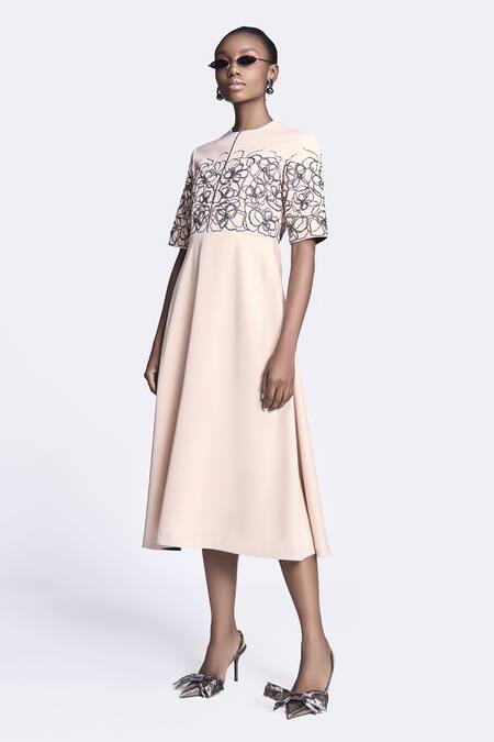 Shahin Mannan Beige Crepe Embroidery Round Neck Abstract Rose Dress Online at Aza Fashions Shahin Mannan_Beige Crepe Embroidery Round Neck Abstract Rose Dress _Online_at_Aza_Fashions
