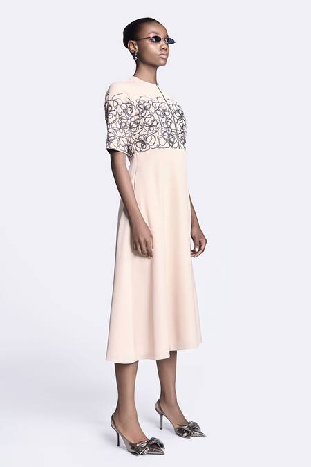 Buy Shahin Mannan Beige Crepe Embroidery Round Neck Abstract Rose Dress Online at Aza Fashions Buy_Shahin Mannan_Beige Crepe Embroidery Round Neck Abstract Rose Dress _Online_at_Aza_Fashions