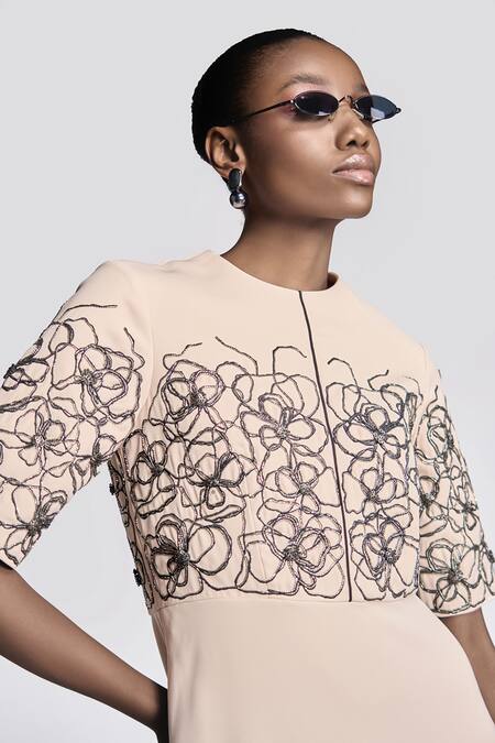 Shop Shahin Mannan Beige Crepe Embroidery Round Neck Abstract Rose Dress Online at Aza Fashions Shop_Shahin Mannan_Beige Crepe Embroidery Round Neck Abstract Rose Dress _Online_at_Aza_Fashions