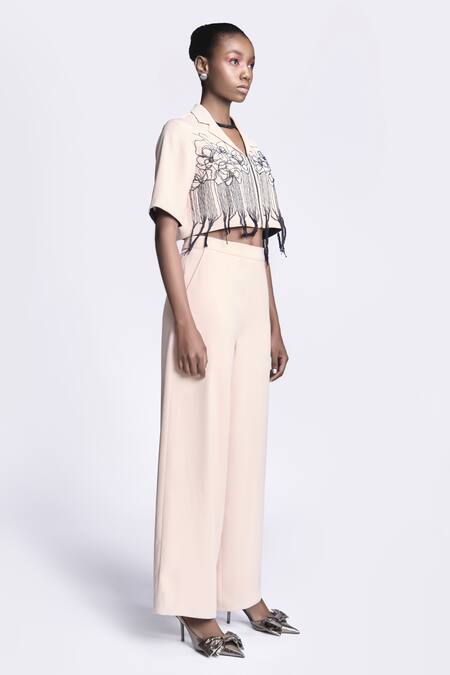 Shop Shahin Mannan Beige Crepe Embroidery Collared Abstract Rose Shirt And Pant Set Online at Aza Fashions Shop_Shahin Mannan_Beige Crepe Embroidery Collared Abstract Rose Shirt And Pant Set _Online_at_Aza_Fashions
