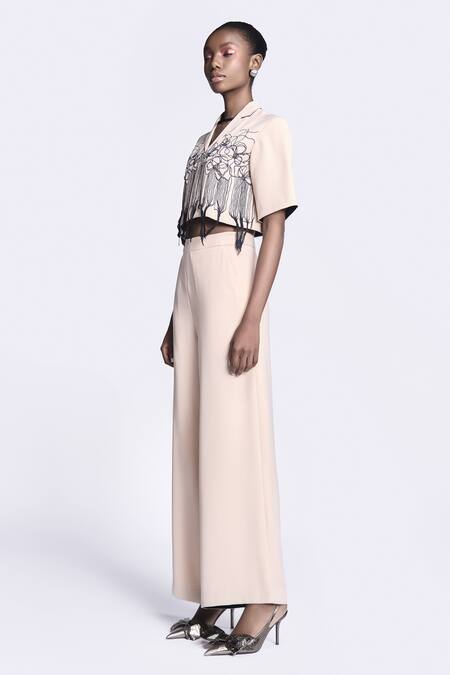 Shahin Mannan Beige Crepe Embroidery Collared Abstract Rose Shirt Online at Aza Fashions Shahin Mannan_Beige Crepe Embroidery Collared Abstract Rose Shirt _Online_at_Aza_Fashions