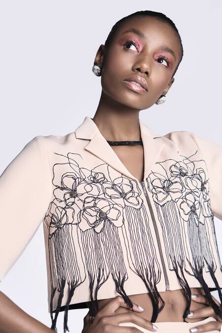 Shop Shahin Mannan Beige Crepe Embroidery Collared Abstract Rose Shirt Online at Aza Fashions Shop_Shahin Mannan_Beige Crepe Embroidery Collared Abstract Rose Shirt _Online_at_Aza_Fashions