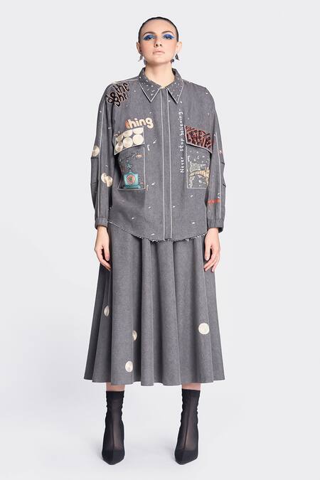 Shahin Mannan Grey Denim Embroidery Collared Patchwork Jacket And Skirt Set Online at Aza Fashions Shahin Mannan_Grey Denim Embroidery Collared Patchwork Jacket And Skirt Set _Online_at_Aza_Fashions