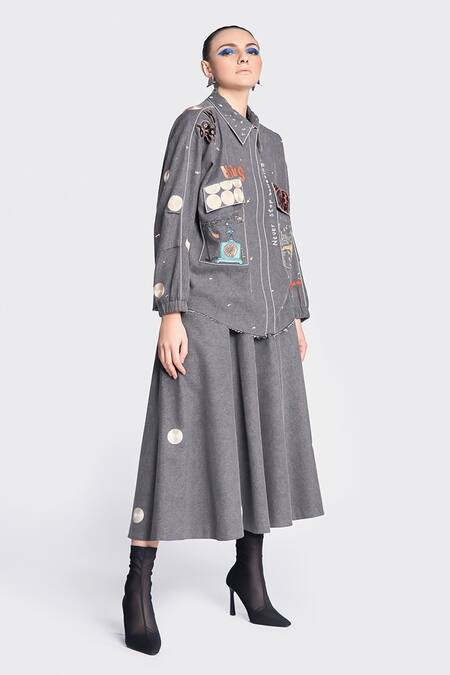 Shop Shahin Mannan Grey Denim Embroidery Collared Patchwork Jacket And Skirt Set Online at Aza Fashions Shop_Shahin Mannan_Grey Denim Embroidery Collared Patchwork Jacket And Skirt Set _Online_at_Aza_Fashions