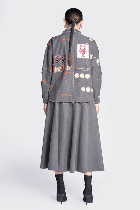 Shop Shahin Mannan Grey Denim Embroidery Collared Patchwork Jacket at Aza Fashions Shop_Shahin Mannan_Grey Denim Embroidery Collared Patchwork Jacket _at_Aza_Fashions
