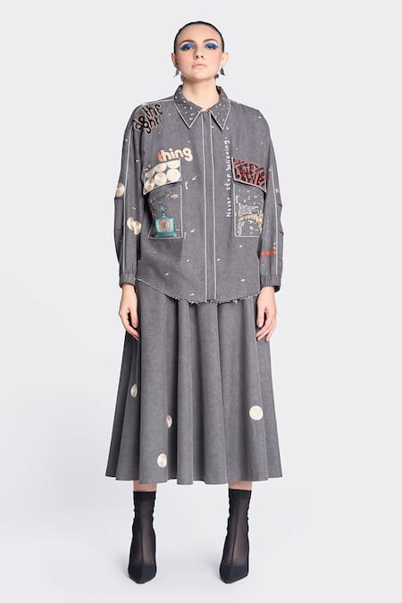 Shahin Mannan Grey Denim Embroidery Collared Patchwork Jacket Online at Aza Fashions Shahin Mannan_Grey Denim Embroidery Collared Patchwork Jacket _Online_at_Aza_Fashions