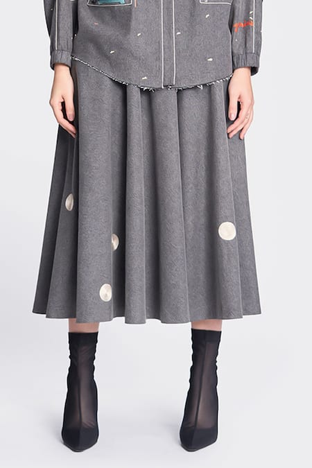 Shahin Mannan Grey Denim Circle Embroidered Skirt Online at Aza Fashions Shahin Mannan_Grey Denim Circle Embroidered Skirt _Online_at_Aza_Fashions