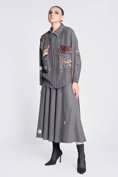 Buy Shahin Mannan Grey Denim Circle Embroidered Skirt Online at Aza Fashions Buy_Shahin Mannan_Grey Denim Circle Embroidered Skirt _Online_at_Aza_Fashions