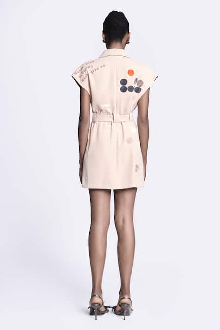 Shop Shahin Mannan Beige Crepe Collared Patchwork Embroidered Robe Dress With Belt at Aza Fashions Shop_Shahin Mannan_Beige Crepe Collared Patchwork Embroidered Robe Dress With Belt _at_Aza_Fashions