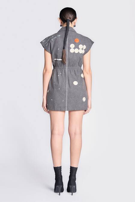 Shop Shahin Mannan Grey Denim Embroidery Collared Telephone And Circle Dress at Aza Fashions Shop_Shahin Mannan_Grey Denim Embroidery Collared Telephone And Circle Dress _at_Aza_Fashions