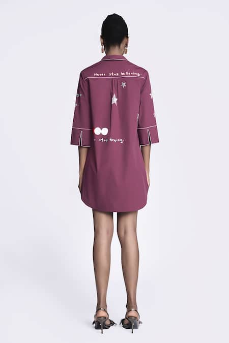Shop Shahin Mannan Wine Poplin Embroidery Collared Telephone And Circle Gathered Dress at Aza Fashions Shop_Shahin Mannan_Wine Poplin Embroidery Collared Telephone And Circle Gathered Dress _at_Aza_Fashions