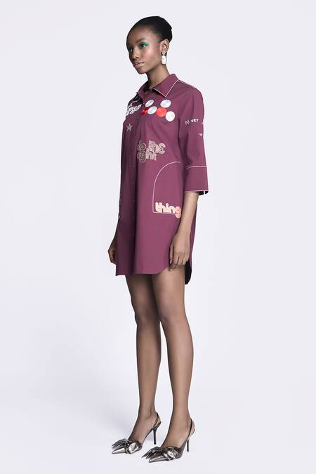 Shahin Mannan Wine Poplin Embroidery Collared Telephone And Circle Gathered Dress Online at Aza Fashions Shahin Mannan_Wine Poplin Embroidery Collared Telephone And Circle Gathered Dress _Online_at_Aza_Fashions