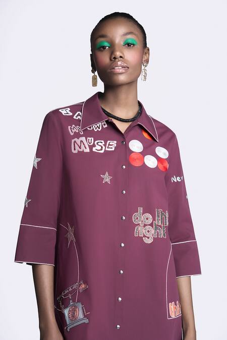 Shop Shahin Mannan Wine Poplin Embroidery Collared Telephone And Circle Gathered Dress Online at Aza Fashions Shop_Shahin Mannan_Wine Poplin Embroidery Collared Telephone And Circle Gathered Dress _Online_at_Aza_Fashions