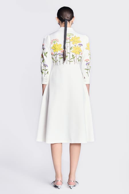 Shop Shahin Mannan Ivory Crepe Embroidery Shawl Neck Lotus Wrap Dress at Aza Fashions Shop_Shahin Mannan_Ivory Crepe Embroidery Shawl Neck Lotus Wrap Dress _at_Aza_Fashions