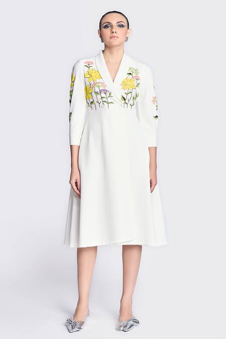 Shahin Mannan Ivory Crepe Embroidery Shawl Neck Lotus Wrap Dress Online at Aza Fashions Shahin Mannan_Ivory Crepe Embroidery Shawl Neck Lotus Wrap Dress _Online_at_Aza_Fashions