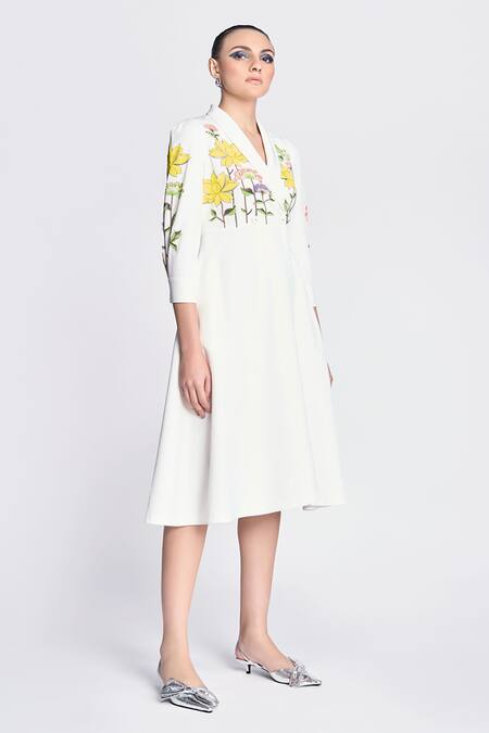 Buy Shahin Mannan Ivory Crepe Embroidery Shawl Neck Lotus Wrap Dress Online at Aza Fashions Buy_Shahin Mannan_Ivory Crepe Embroidery Shawl Neck Lotus Wrap Dress _Online_at_Aza_Fashions