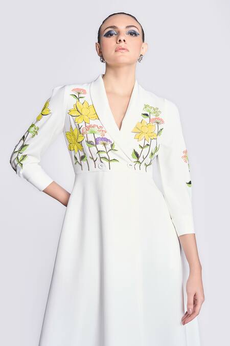 Shop Shahin Mannan Ivory Crepe Embroidery Shawl Neck Lotus Wrap Dress Online at Aza Fashions Shop_Shahin Mannan_Ivory Crepe Embroidery Shawl Neck Lotus Wrap Dress _Online_at_Aza_Fashions