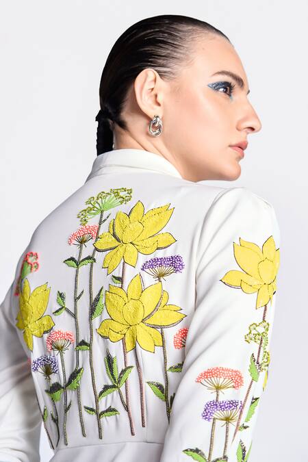 Shahin Mannan Ivory Crepe Embroidery Shawl Neck Lotus Wrap Dress at Aza Fashions Shahin Mannan_Ivory Crepe Embroidery Shawl Neck Lotus Wrap Dress _at_Aza_Fashions