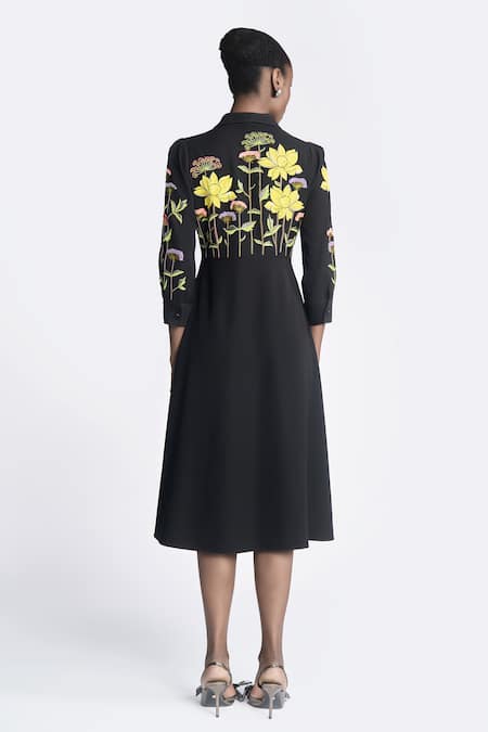 Shop Shahin Mannan Black Crepe Embroidery Shawl Neck Wrap Dress at Aza Fashions Shop_Shahin Mannan_Black Crepe Embroidery Shawl Neck Wrap Dress _at_Aza_Fashions