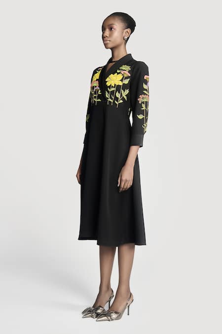 Shahin Mannan Black Crepe Embroidery Shawl Neck Wrap Dress Online at Aza Fashions Shahin Mannan_Black Crepe Embroidery Shawl Neck Wrap Dress _Online_at_Aza_Fashions