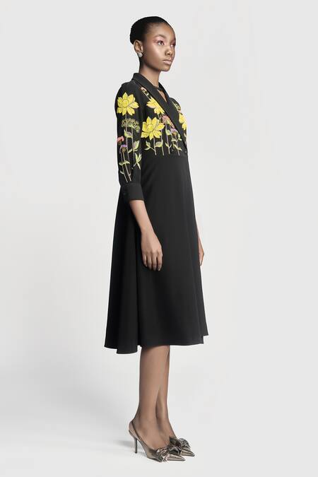 Buy Shahin Mannan Black Crepe Embroidery Shawl Neck Wrap Dress Online at Aza Fashions Buy_Shahin Mannan_Black Crepe Embroidery Shawl Neck Wrap Dress _Online_at_Aza_Fashions