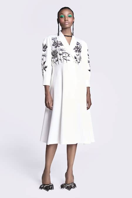 Shahin Mannan Metallic Lotus Embroidered Wrap Dress 