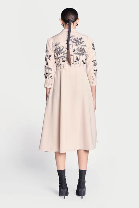 Shop Shahin Mannan Beige Crepe Embroidery V-neck Metallic Lotus Dress at Aza Fashions Shop_Shahin Mannan_Beige Crepe Embroidery V-neck Metallic Lotus Dress _at_Aza_Fashions