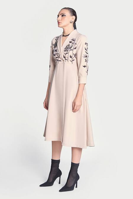 Shahin Mannan Beige Crepe Embroidery V-neck Metallic Lotus Dress Online at Aza Fashions Shahin Mannan_Beige Crepe Embroidery V-neck Metallic Lotus Dress _Online_at_Aza_Fashions