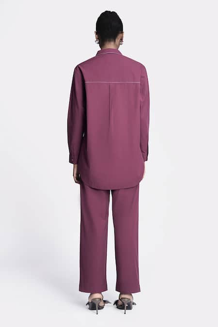 Shop Shahin Mannan Wine Poplin Embroidery Collared Lotus Shirt at Aza Fashions Shop_Shahin Mannan_Wine Poplin Embroidery Collared Lotus Shirt _at_Aza_Fashions