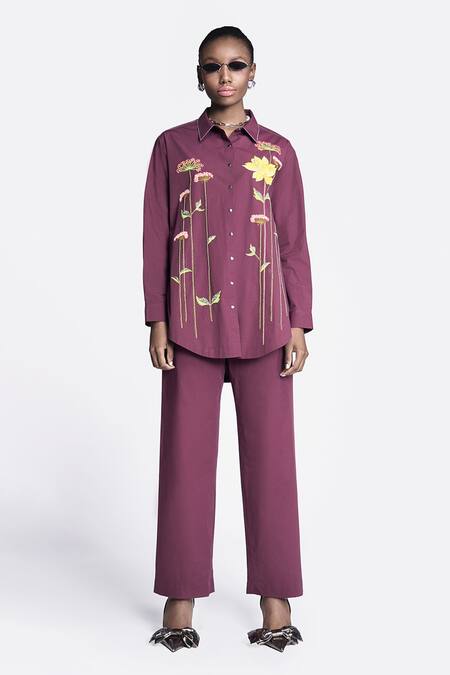 Shahin Mannan Wine Poplin Embroidery Collared Lotus Shirt Online at Aza Fashions Shahin Mannan_Wine Poplin Embroidery Collared Lotus Shirt _Online_at_Aza_Fashions