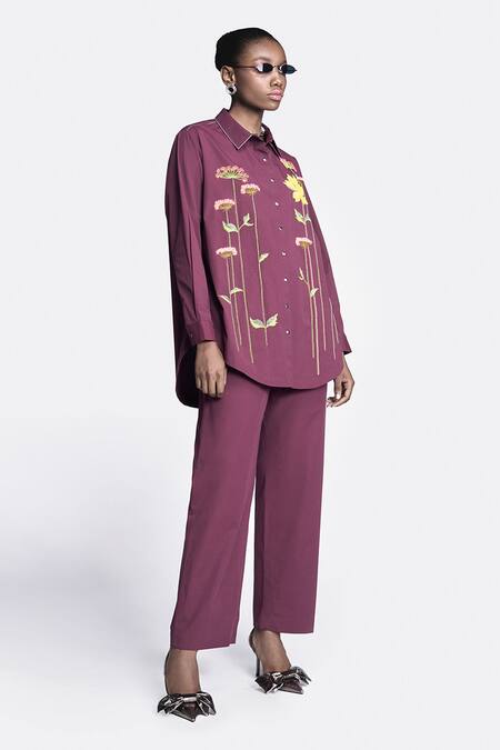 Buy Shahin Mannan Wine Poplin Embroidery Collared Lotus Shirt Online at Aza Fashions Buy_Shahin Mannan_Wine Poplin Embroidery Collared Lotus Shirt _Online_at_Aza_Fashions