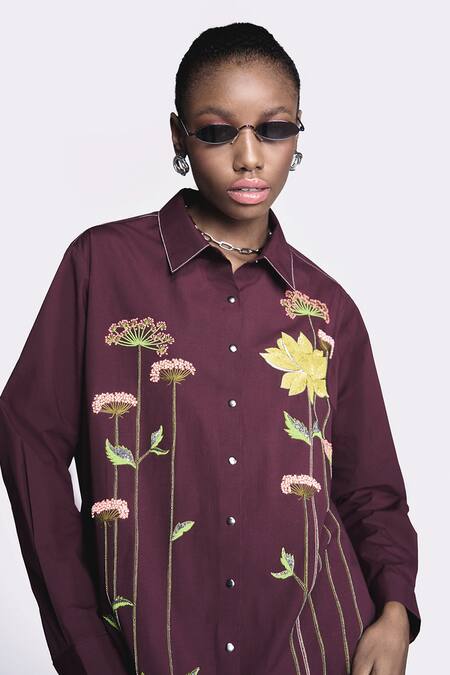 Shop Shahin Mannan Wine Poplin Embroidery Collared Lotus Shirt Online at Aza Fashions Shop_Shahin Mannan_Wine Poplin Embroidery Collared Lotus Shirt _Online_at_Aza_Fashions