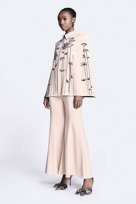 Buy Shahin Mannan Beige Crepe Metallic Lotus Embroidered Cape And Bell Bottom Pant Set Online at Aza Fashions Buy_Shahin Mannan_Beige Crepe Metallic Lotus Embroidered Cape And Bell Bottom Pant Set _Online_at_Aza_Fashions