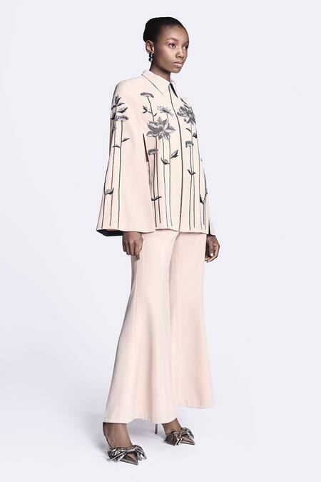 Shop_Shahin Mannan_Beige Metallic Lotus Embroidered Cape _Online_at_Aza_Fashions