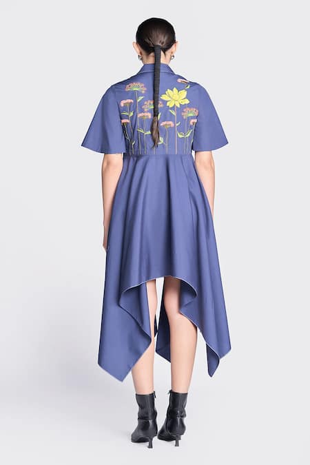 Shop Shahin Mannan Blue Poplin Embroidery Collared Lotus Dress at Aza Fashions Shop_Shahin Mannan_Blue Poplin Embroidery Collared Lotus Dress _at_Aza_Fashions