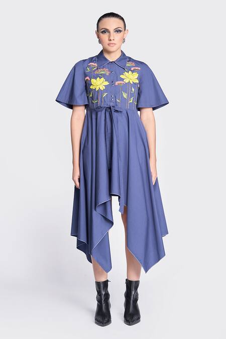 Shahin Mannan Blue Poplin Embroidery Collared Lotus Dress Online at Aza Fashions Shahin Mannan_Blue Poplin Embroidery Collared Lotus Dress _Online_at_Aza_Fashions
