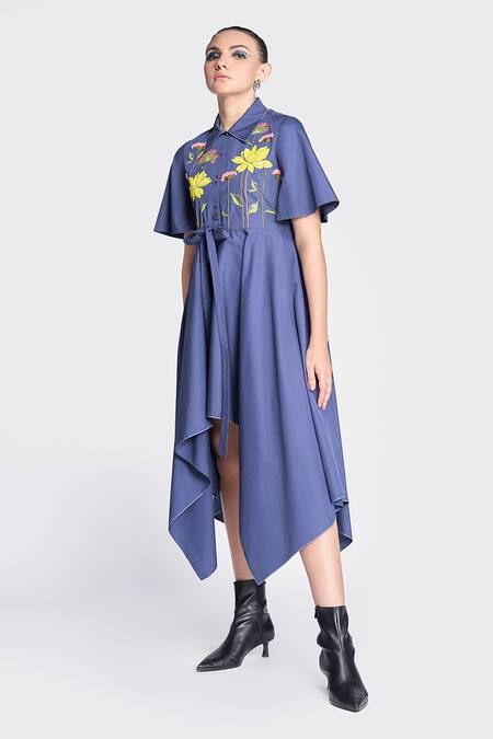 Buy Shahin Mannan Blue Poplin Embroidery Collared Lotus Dress Online at Aza Fashions Buy_Shahin Mannan_Blue Poplin Embroidery Collared Lotus Dress _Online_at_Aza_Fashions