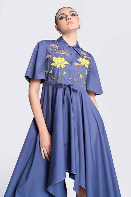 Shop Shahin Mannan Blue Poplin Embroidery Collared Lotus Dress Online at Aza Fashions Shop_Shahin Mannan_Blue Poplin Embroidery Collared Lotus Dress _Online_at_Aza_Fashions