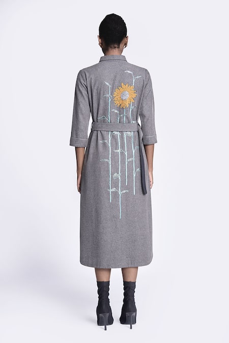 Shop Shahin Mannan Grey Denim Embroidery, Buckles Collared Sunflower Shirt Dress With Belt at Aza Fashions Shop_Shahin Mannan_Grey Denim Embroidery, Buckles Collared Sunflower Shirt Dress With Belt _at_Aza_Fashions