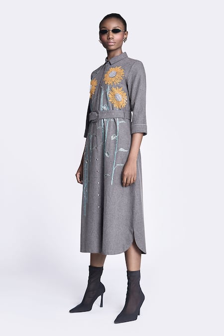 Shahin Mannan Grey Denim Embroidery, Buckles Collared Sunflower Shirt Dress With Belt Online at Aza Fashions Shahin Mannan_Grey Denim Embroidery, Buckles Collared Sunflower Shirt Dress With Belt _Online_at_Aza_Fashions