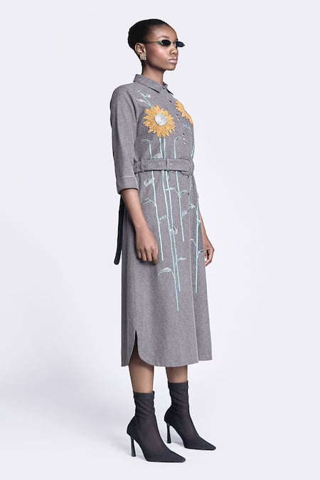 Buy Shahin Mannan Grey Denim Embroidery, Buckles Collared Sunflower Shirt Dress With Belt Online at Aza Fashions Buy_Shahin Mannan_Grey Denim Embroidery, Buckles Collared Sunflower Shirt Dress With Belt _Online_at_Aza_Fashions