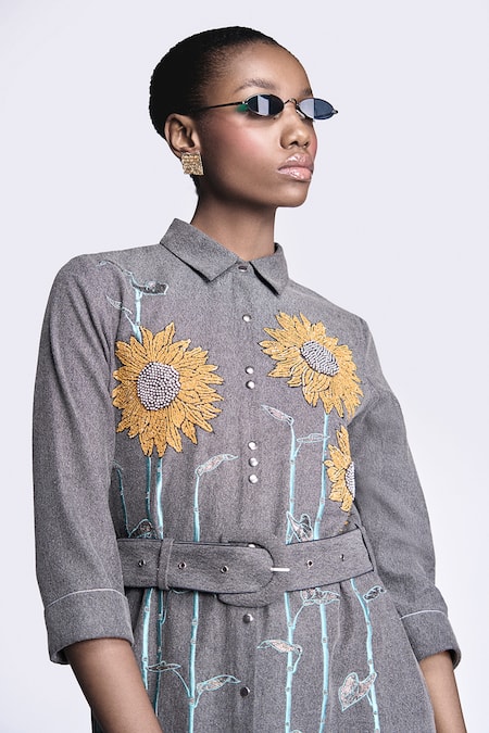Shop Shahin Mannan Grey Denim Embroidery, Buckles Collared Sunflower Shirt Dress With Belt Online at Aza Fashions Shop_Shahin Mannan_Grey Denim Embroidery, Buckles Collared Sunflower Shirt Dress With Belt _Online_at_Aza_Fashions