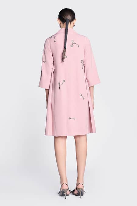 Shop Shahin Mannan Pink Crepe Embroidery Collared Precious Keys Dress at Aza Fashions Shop_Shahin Mannan_Pink Crepe Embroidery Collared Precious Keys Dress _at_Aza_Fashions