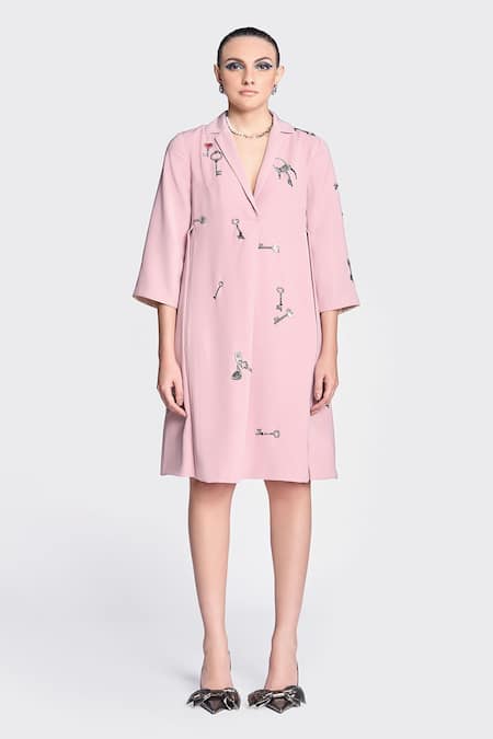 Shahin Mannan Pink Crepe Embroidery Collared Precious Keys Dress Online at Aza Fashions Shahin Mannan_Pink Crepe Embroidery Collared Precious Keys Dress _Online_at_Aza_Fashions