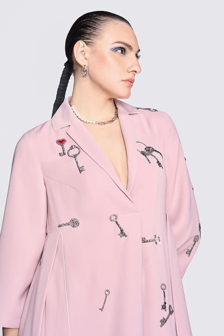 Shop Shahin Mannan Pink Crepe Embroidery Collared Precious Keys Dress Online at Aza Fashions Shop_Shahin Mannan_Pink Crepe Embroidery Collared Precious Keys Dress _Online_at_Aza_Fashions