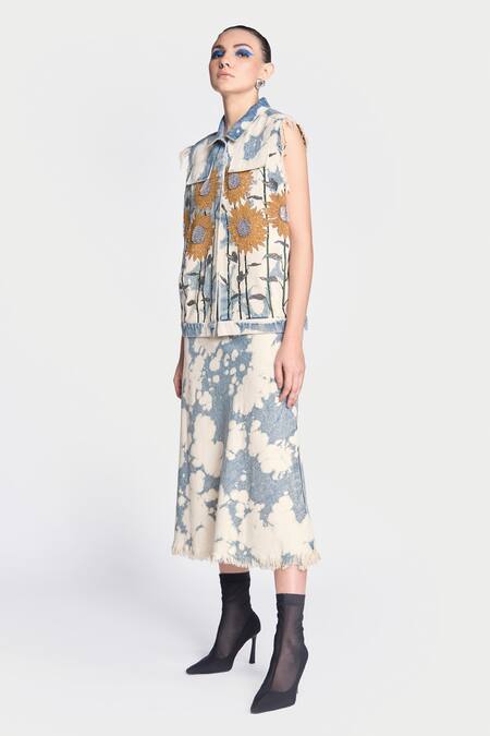 Shahin Mannan_Blue Denim Sequins, Stones Collared Sunflower Embroidered Vest With Skirt _Online_at_Aza_Fashions